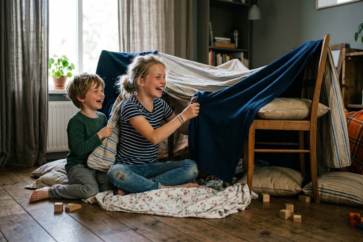 Twee kinderen bouwen een dekentent in een koele woonkamer met gordijnen halfdicht