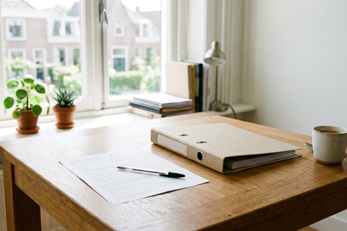 Leerplichtformulier en pen op een houten tafel in een kantoor met daglicht door het raam.