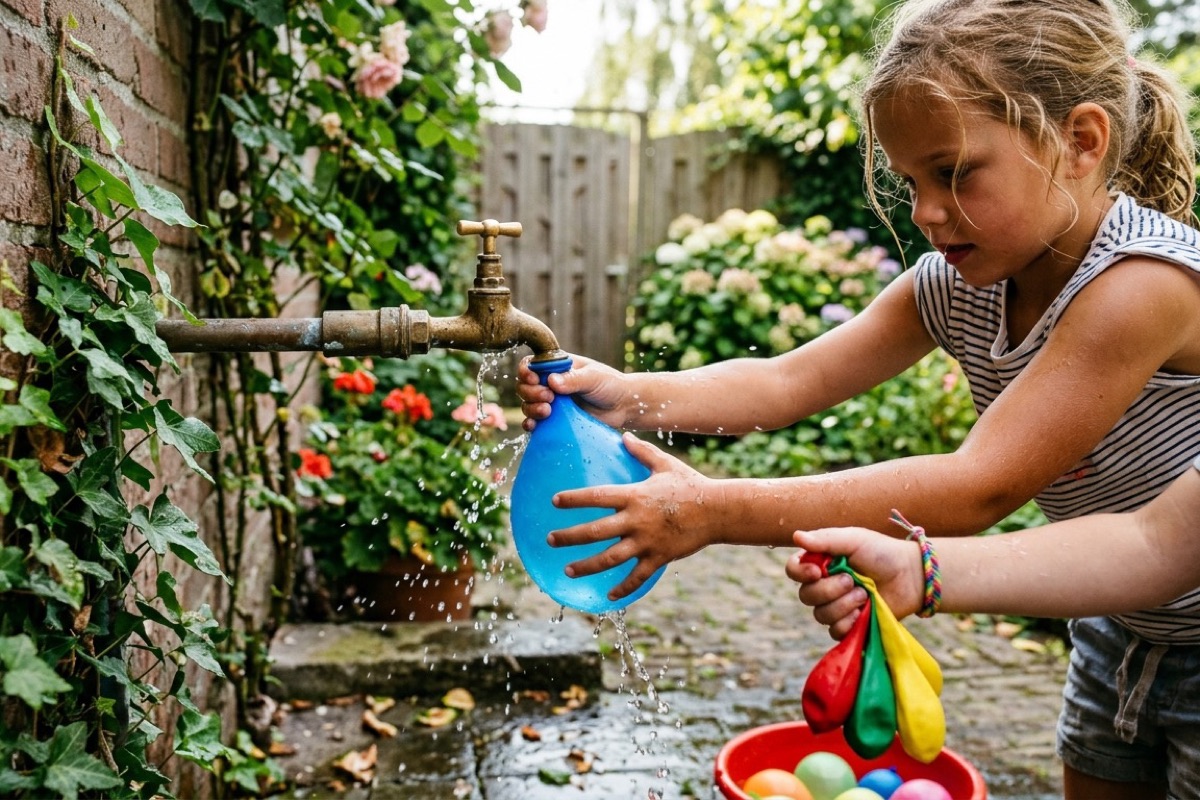 Twee kinderen vullen kleurige waterballonnen bij de kraan in een Nederlandse achtertuin op een zomerse dag