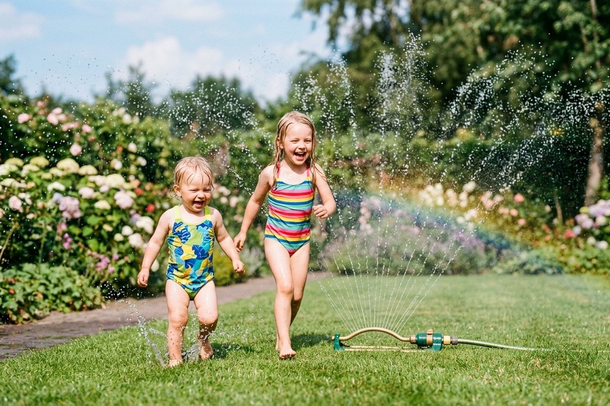 Peuter en kleuter spelen met water in de tuin met emmer, spons en sproeier