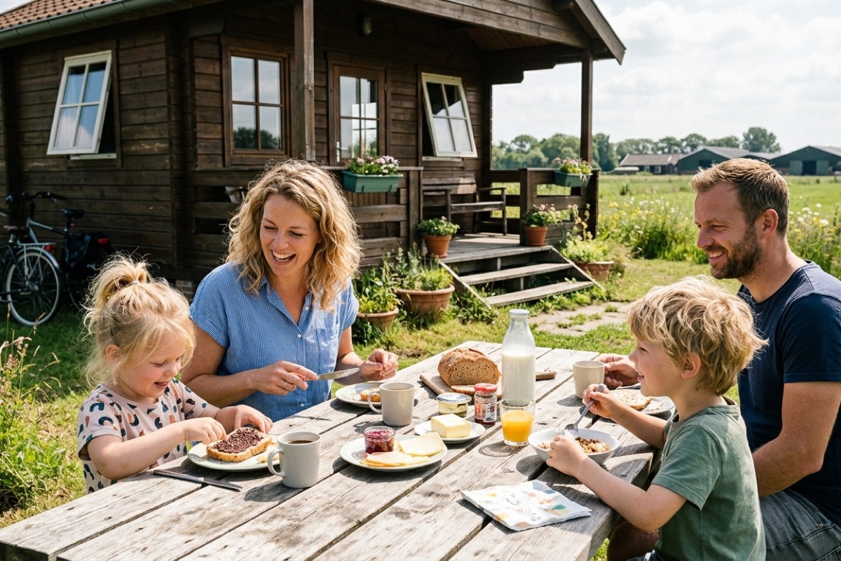 Een Nederlands gezin loopt naar een houten vakantiehuisje tussen boerenweilanden in de Achterhoek