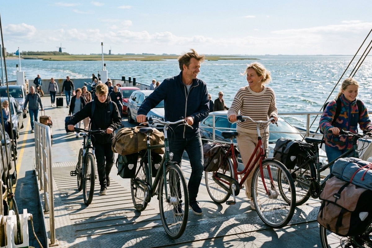 Een Nederlands gezin loopt met fietsen langs een houten vakantiehuisje in de duinen op Ameland