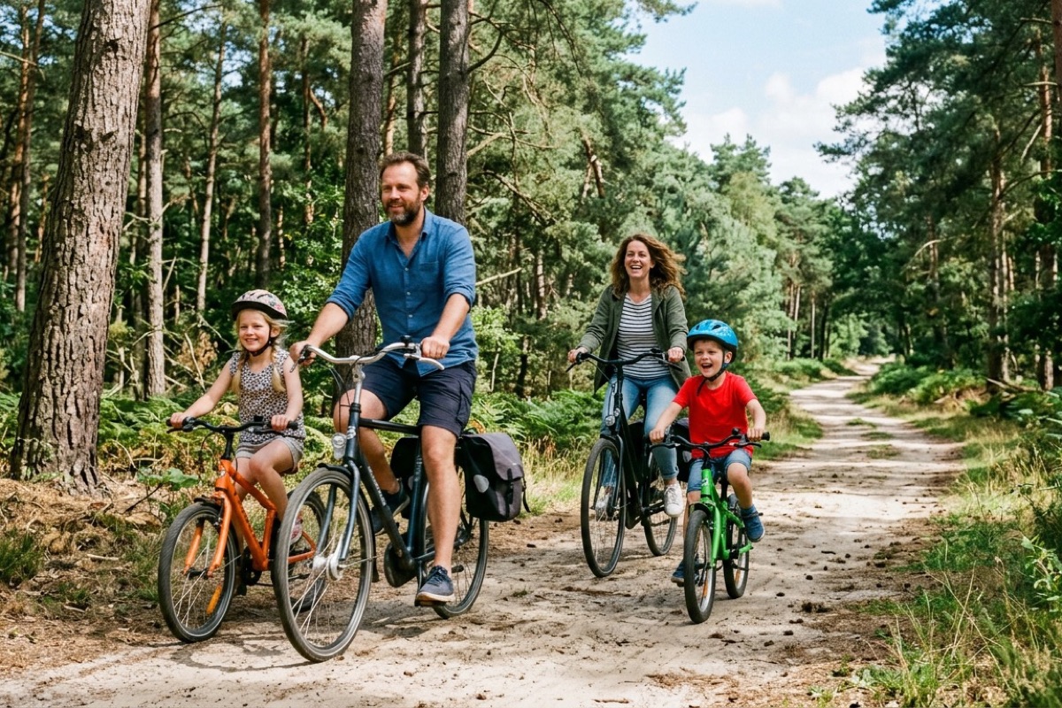 Een Nederlands gezin loopt naar een Efteling-themahotel met sprookjes-achtige gevels