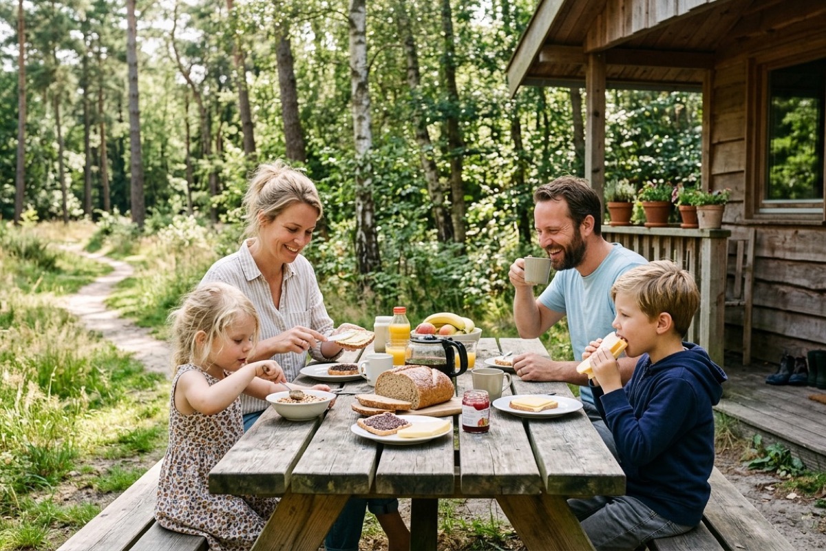 Een Nederlands gezin loopt naar een houten vakantiehuisje tussen dennen op een Drents vakantiepark
