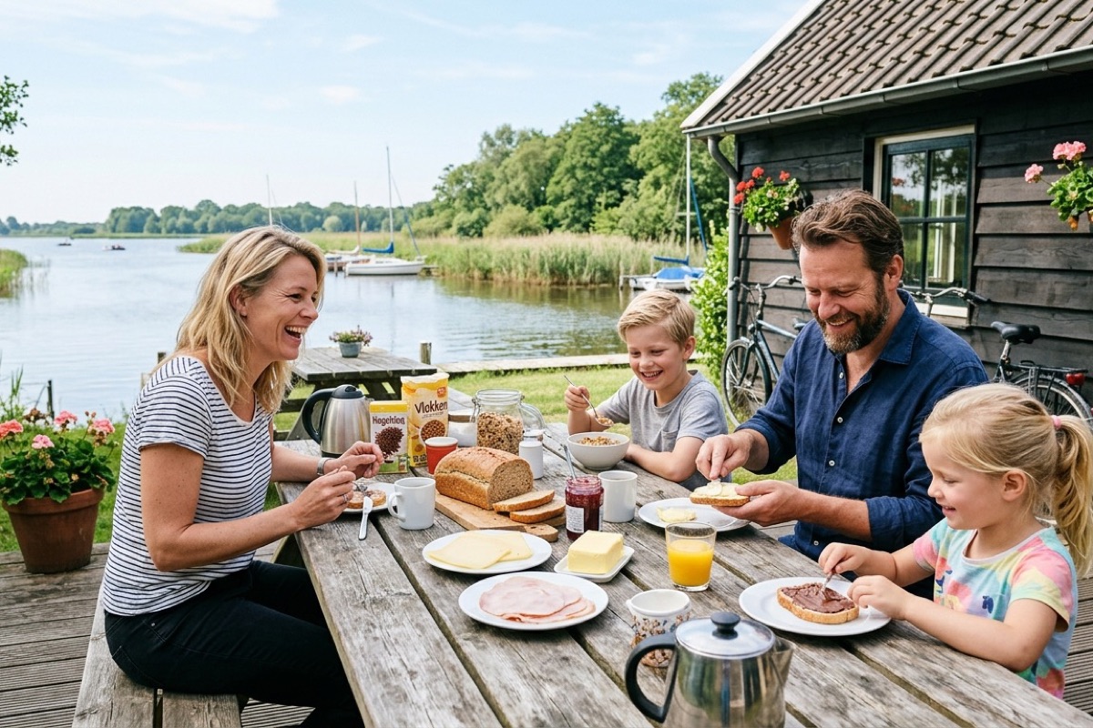 Een Nederlands gezin loopt met koffers naar een vakantiehuisje aan een Fries meer