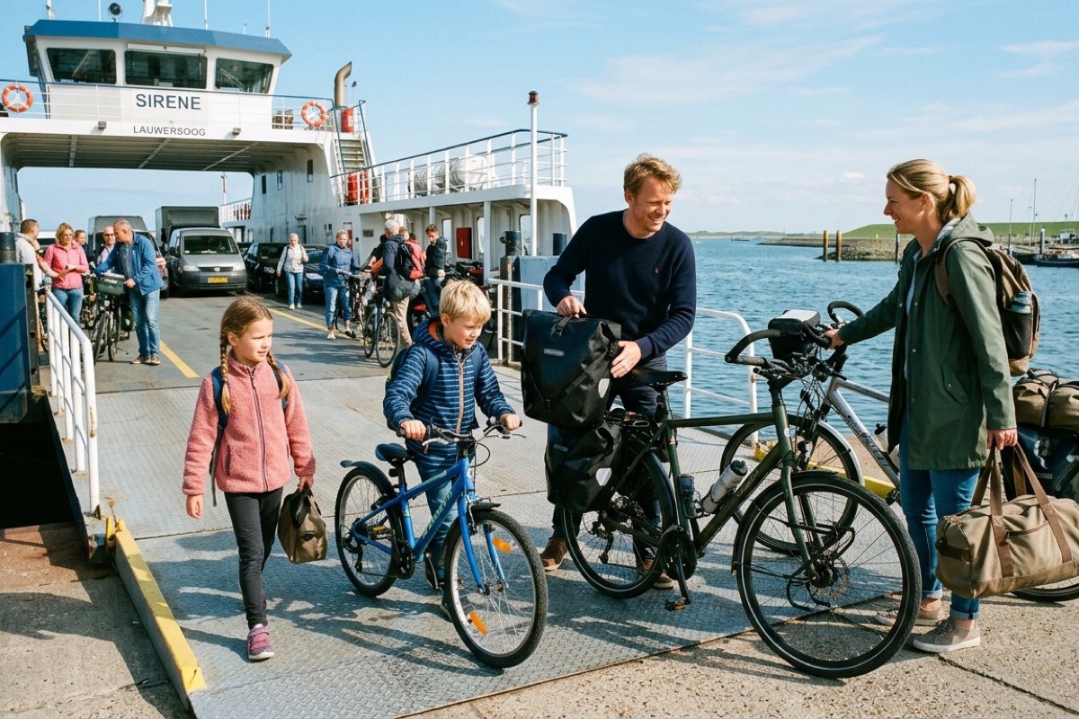 Een Nederlands gezin loopt met fietsen langs een wit Schiermonnikoog-vakantiehuisje aan de duinrand