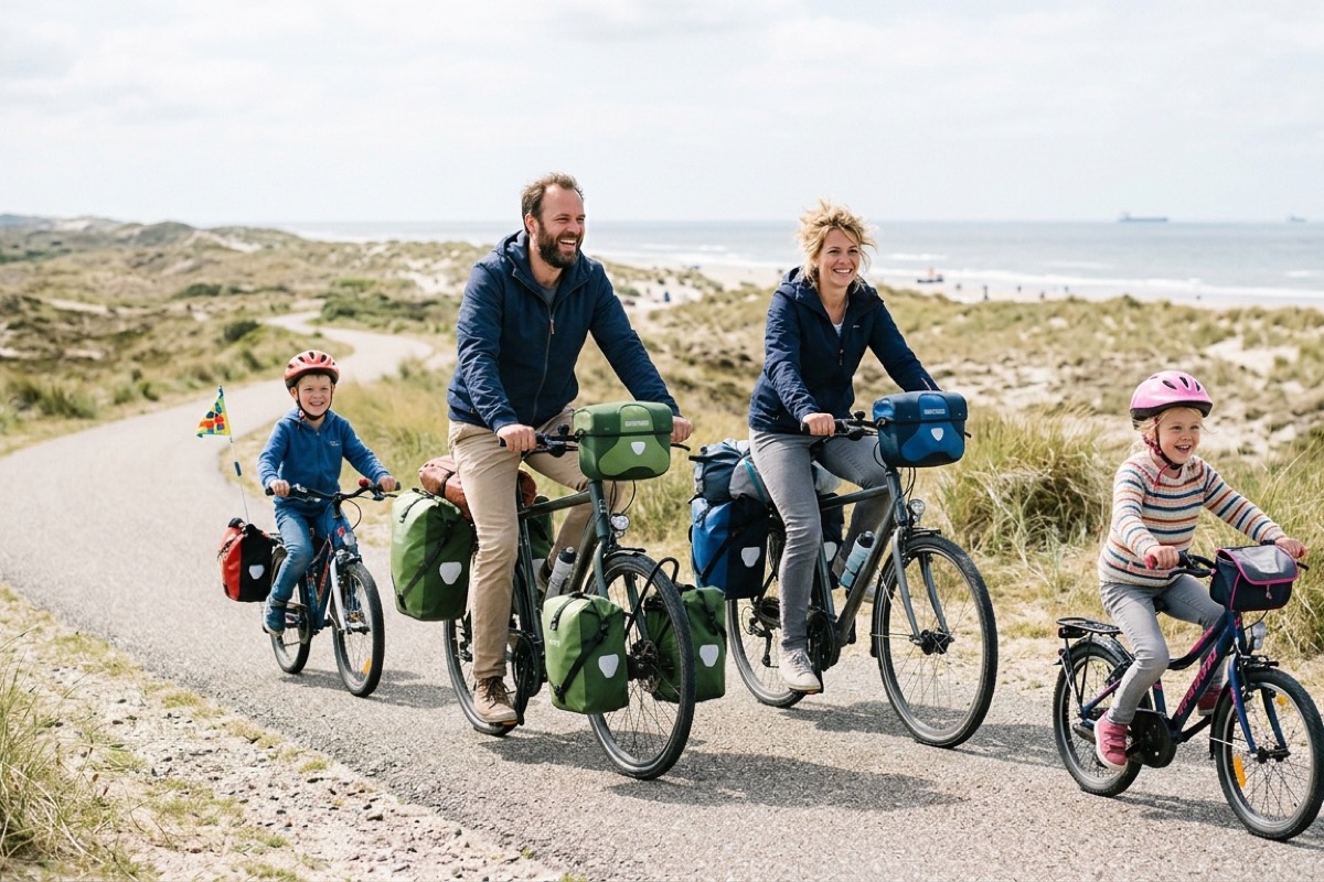 Een Nederlands gezin fietst met bagage in fietstassen langs een Terschellings duinpad