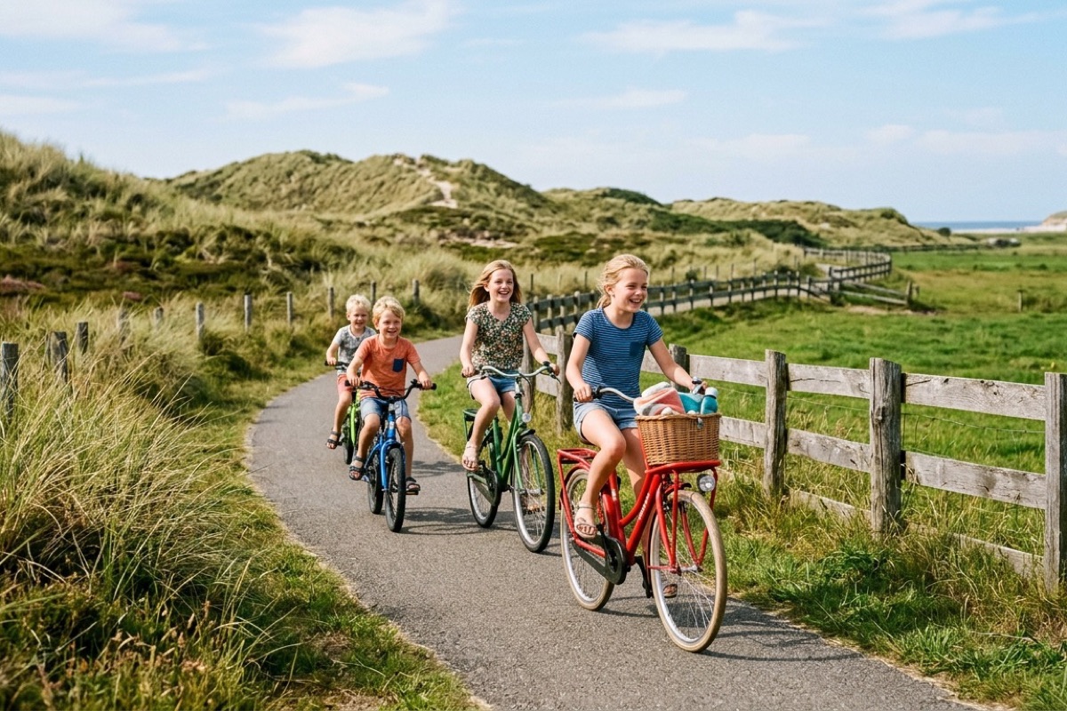 Een Nederlands gezin loopt met koffers van een veerboot in de haven van Texel