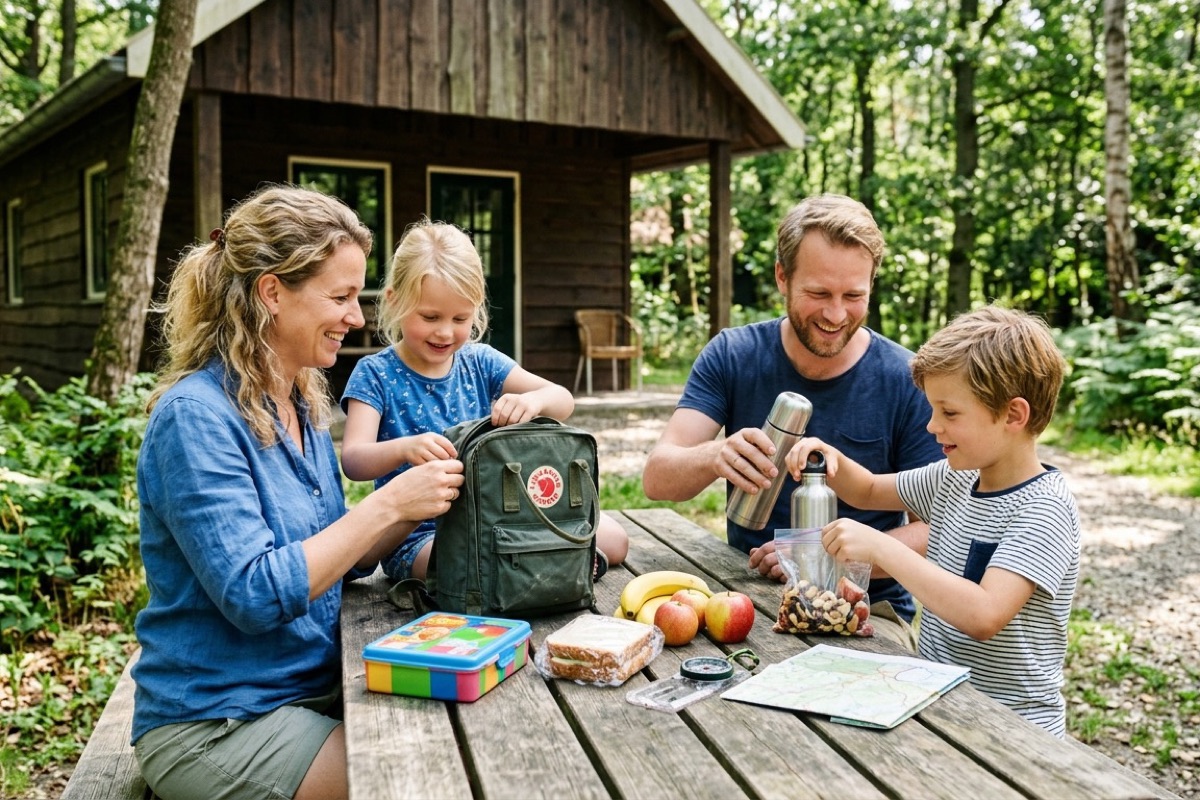 Een Nederlands gezin loopt met koffers naar een houten vakantiehuisje tussen dennen op de Veluwe