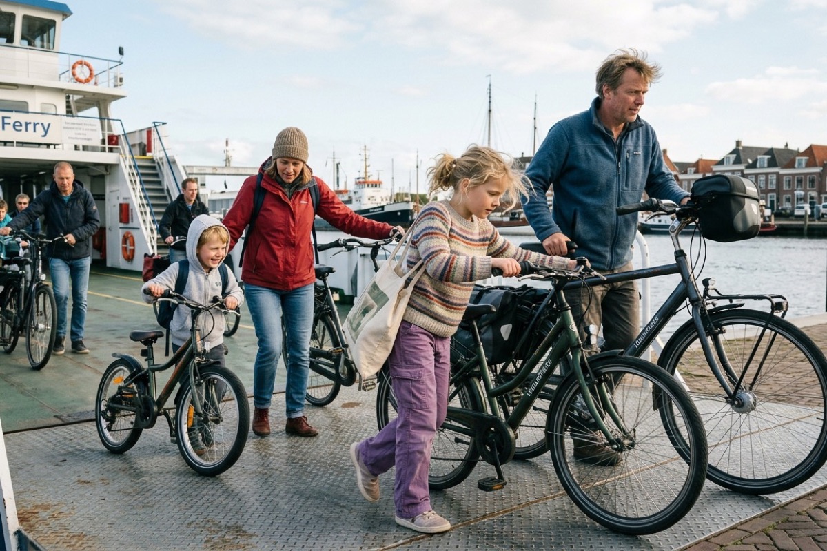 Een Nederlands gezin loopt met fietsen langs een houten vakantiehuisje aan de duinrand op Vlieland