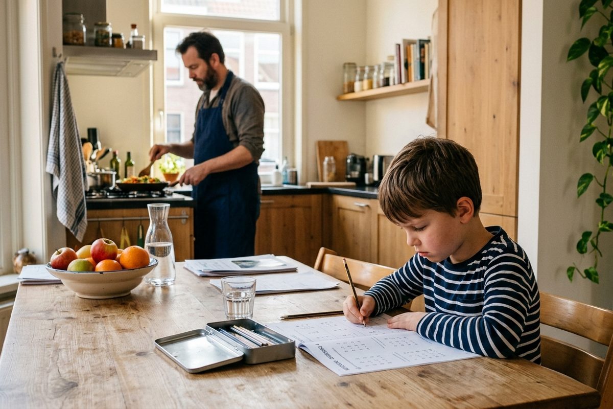 Jongen van een jaar of acht maakt geconcentreerd een oefenblaadje aan tafel terwijl zijn vader in de keuken kookt.