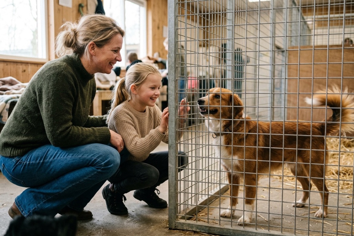 Een Nederlandse ouder en kind bezoeken een dierenasiel en kijken naar een vriendelijke hond in een ren