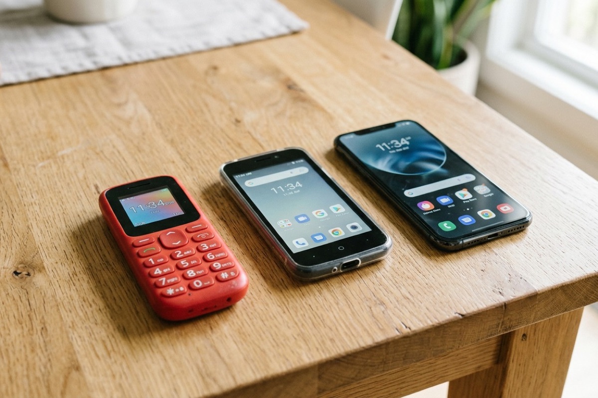 Eenvoudige kindertelefoon met grote toetsen ligt naast een gewone smartphone op een houten tafel in daglicht.