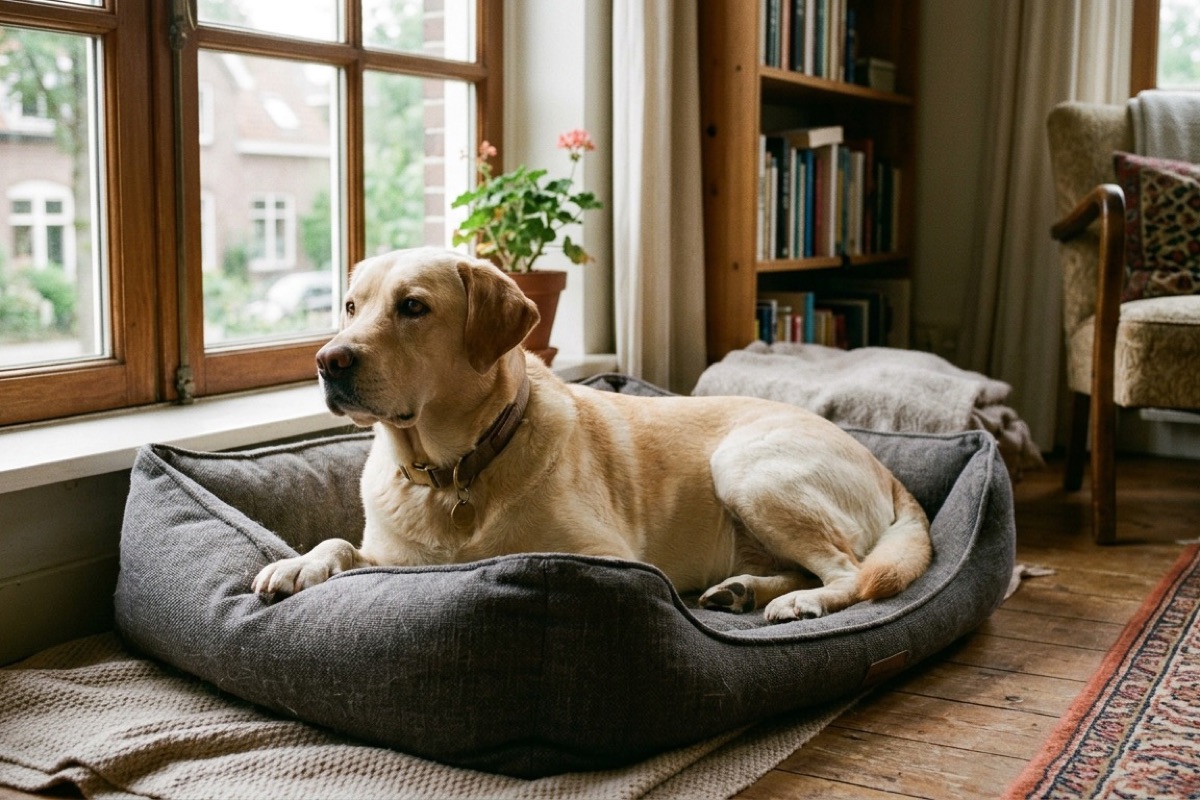 Een rustige labrador ligt tevreden op zijn hondenmand bij het raam in een Nederlandse woonkamer