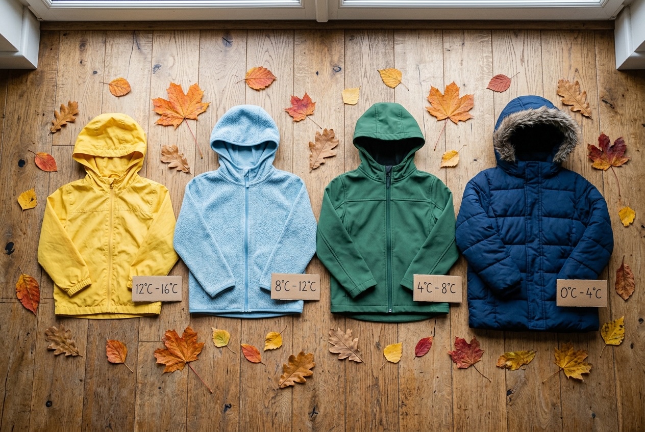 Flat-lay van vier herfstjassen voor kinderen op een houten vloer: gele windjas (12-16°C), lichtblauwe fleece (8-12°C), groene softshell (4-8°C) en marineblauwe winterjas (0-4°C), met temperatuurlabels en herfstbladeren.