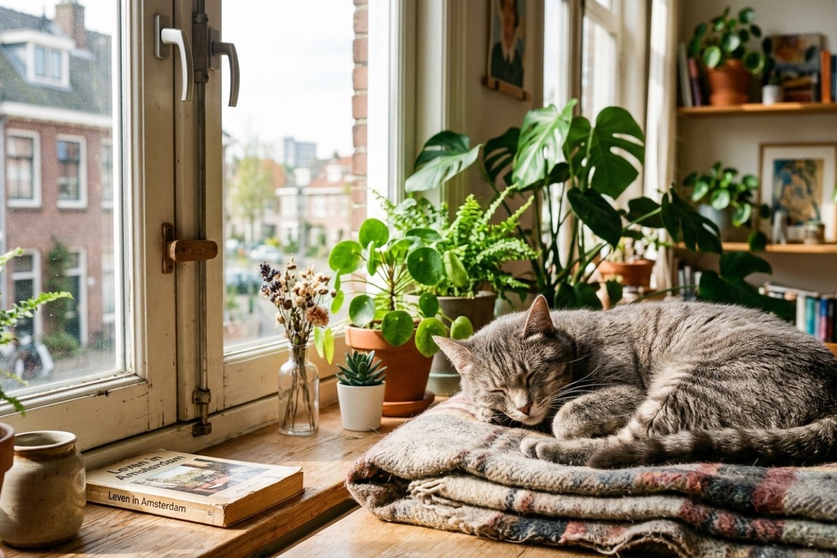 Een rustige grijze cyperse kat ligt tevreden op een zonnige vensterbank in een Nederlandse woonkamer
