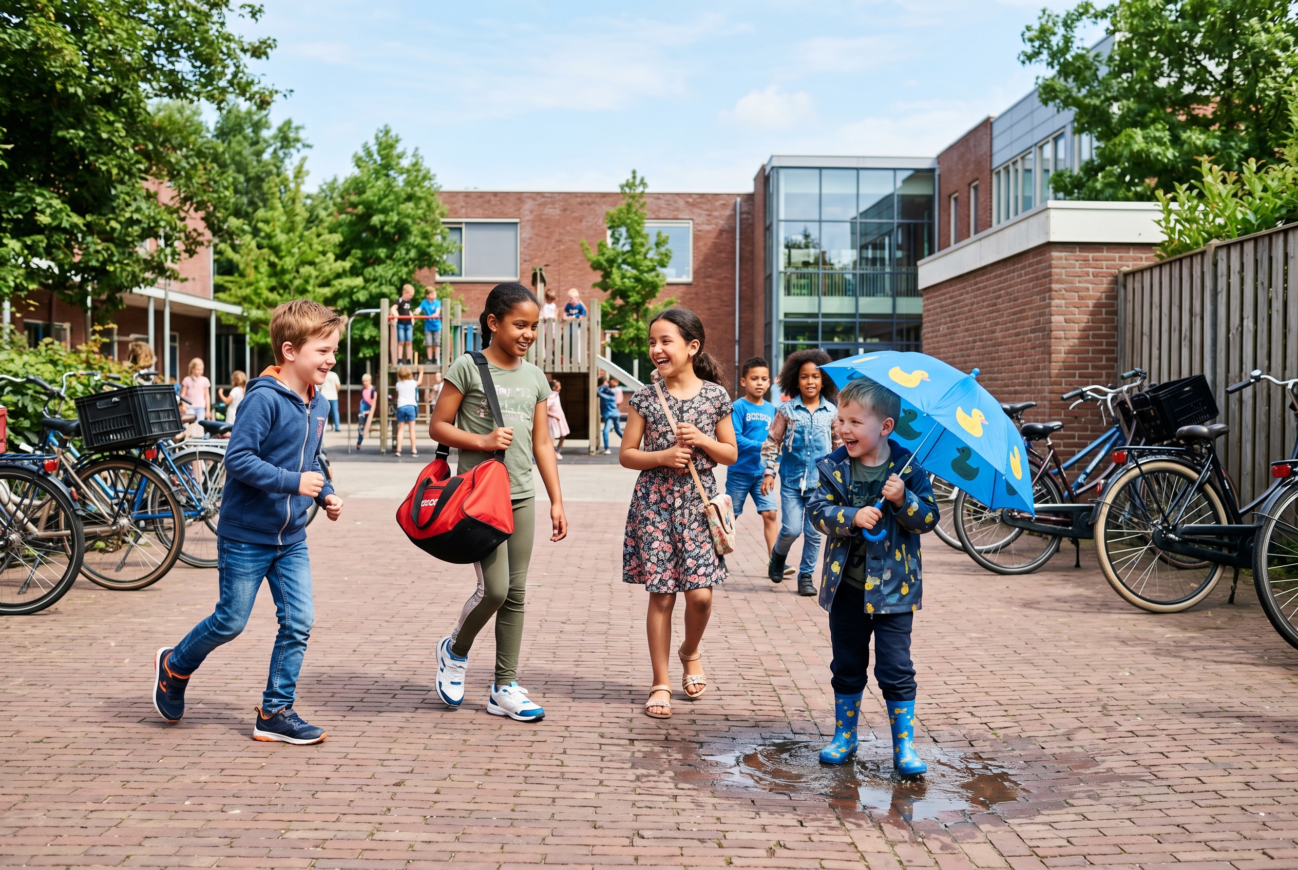 Diverse Nederlandse kinderen op een schoolplein in verschillende activiteit-specifieke schoenen: sneakers, gymschoenen met sporttas, sandalen, en regenlaarzen met paraplu.