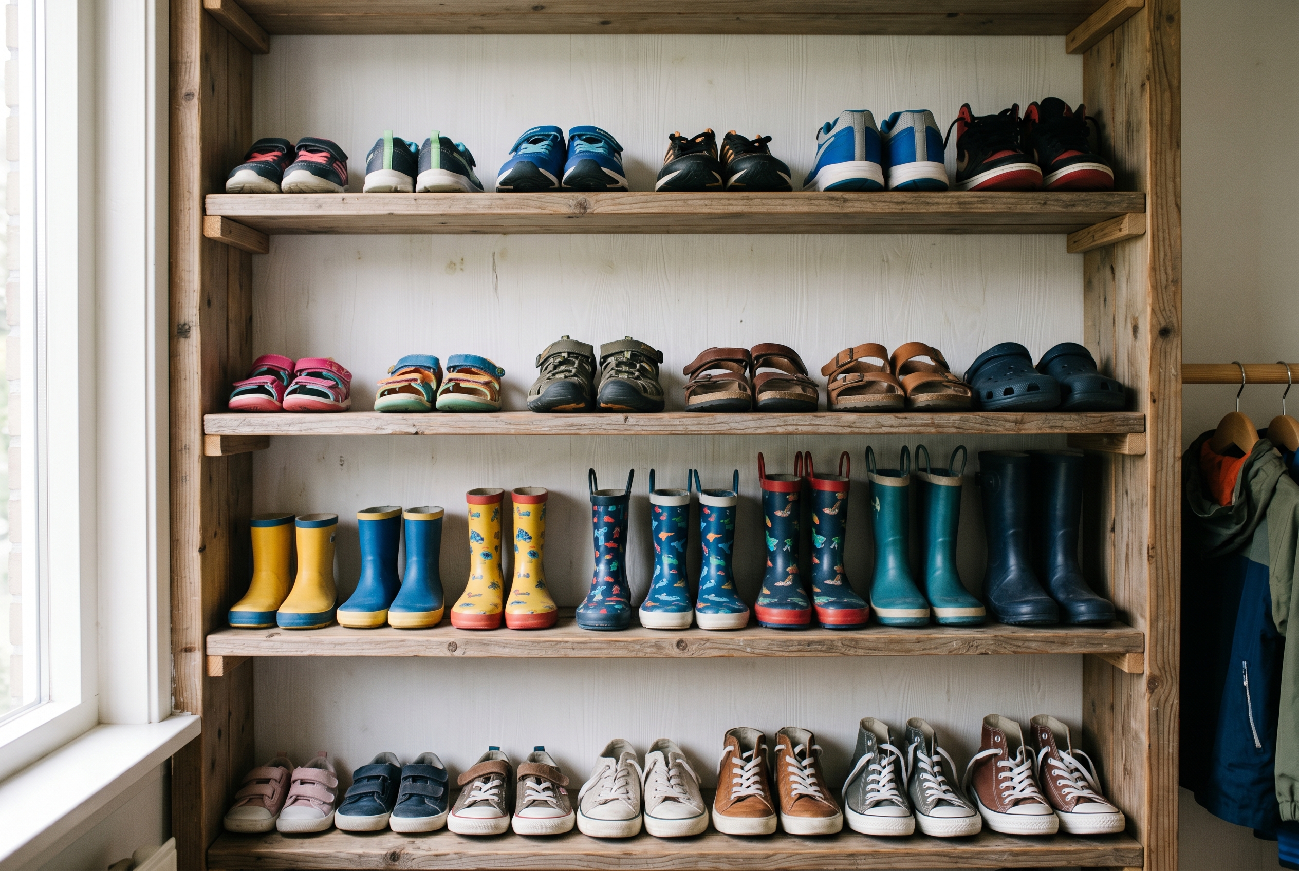 Houten schoenrek in een Nederlandse hal met geordende kinderschoenen per categorie: sport bovenaan, sandalen en sneakers eronder, regenlaarzen op één rij en dagelijkse sneakers onderaan.