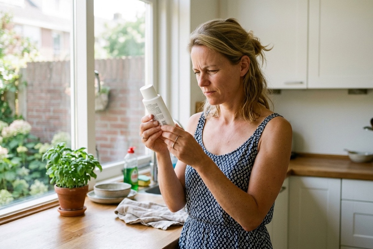 Ouder leest het etiket op de achterkant van een fles zonnebrand voor kinderen.