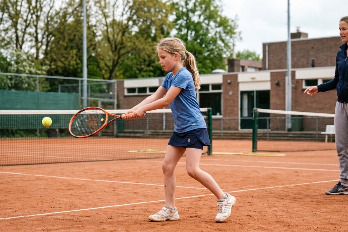 Kinderen oefenen een individuele sport zoals tennis in een lichte sportzaal met natuurlijk daglicht.
