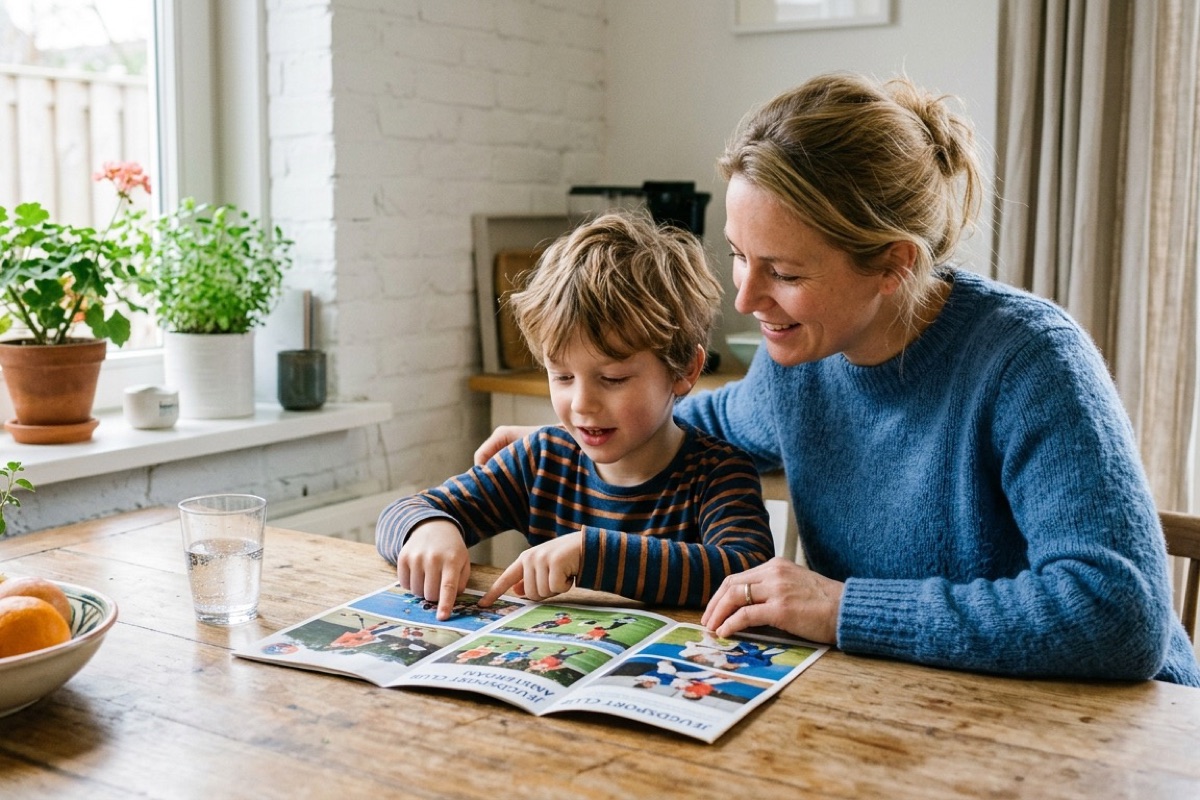 Een ouder en kind kijken samen rustig naar een sportagenda of vereniging-folder aan de keukentafel.