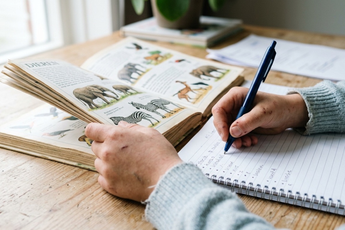 Kinderhanden bladeren door een dierenboek en schrijven aantekeningen in een notitieboekje.