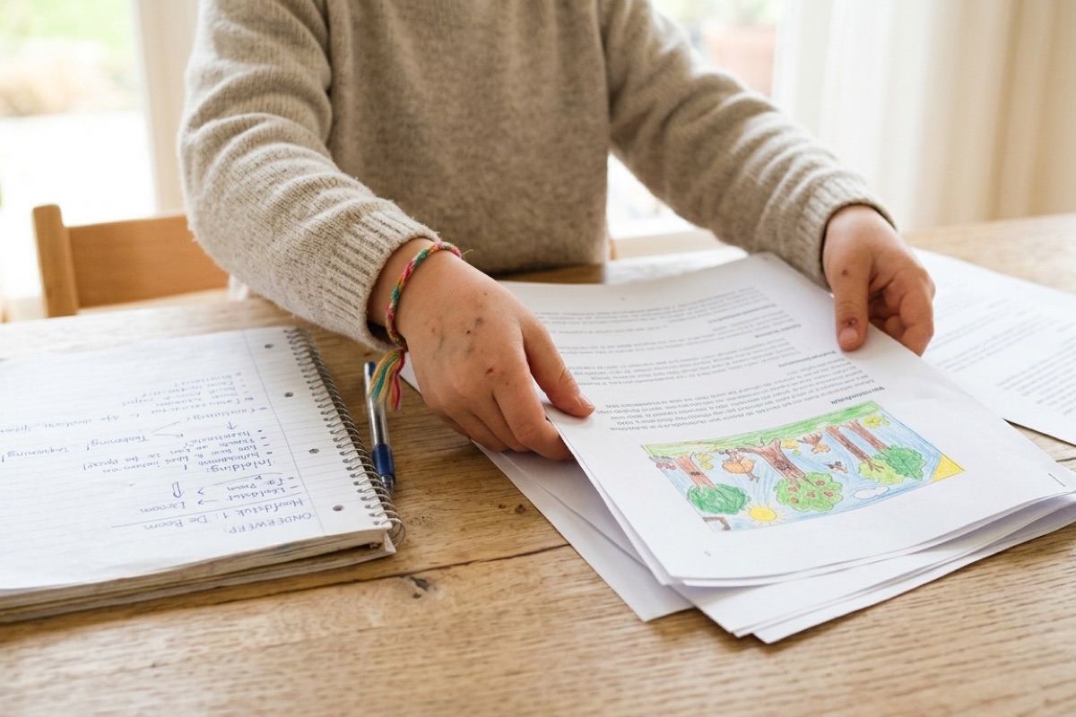 Kinderhanden ordenen geprinte werkstuk-pagina's naast een notitieboek met handgeschreven outline.