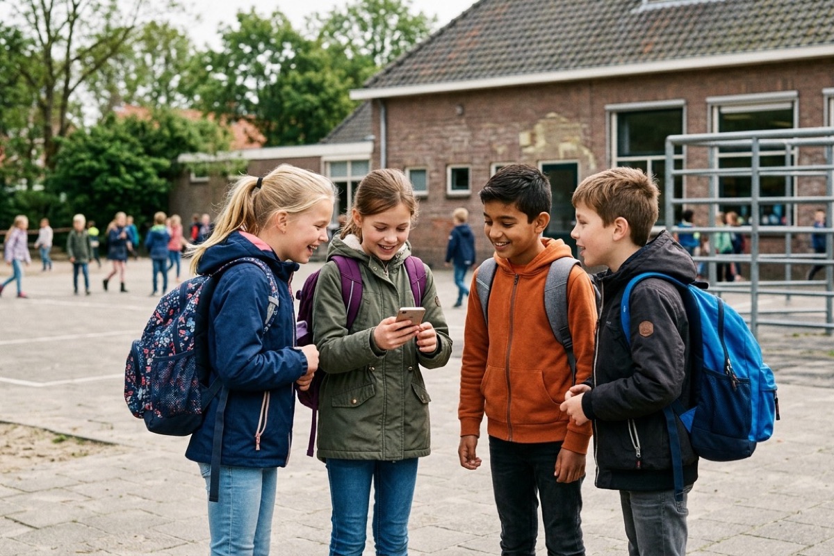 Groepje kinderen met rugzakken kletst op een schoolplein, twee laten elkaar iets op een telefoon zien.