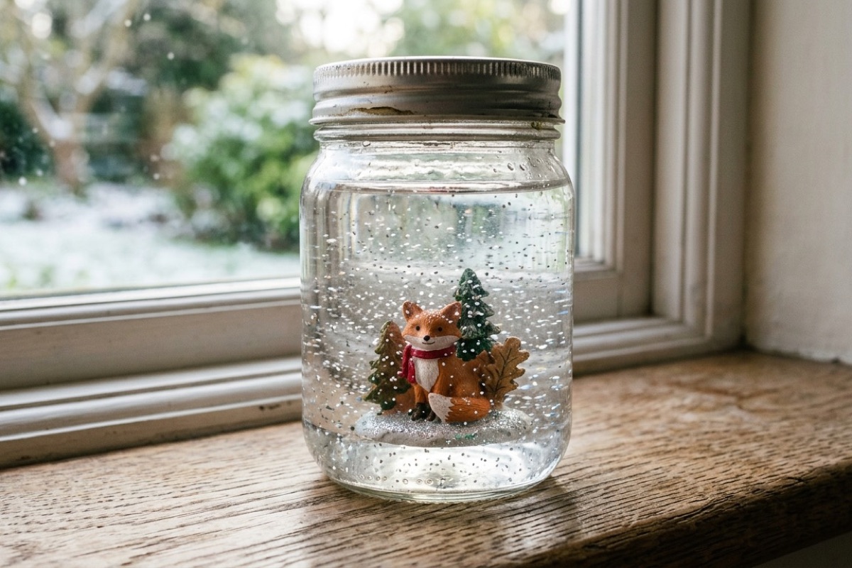 Zelfgemaakte sneeuwbol in jampotje op vensterbank