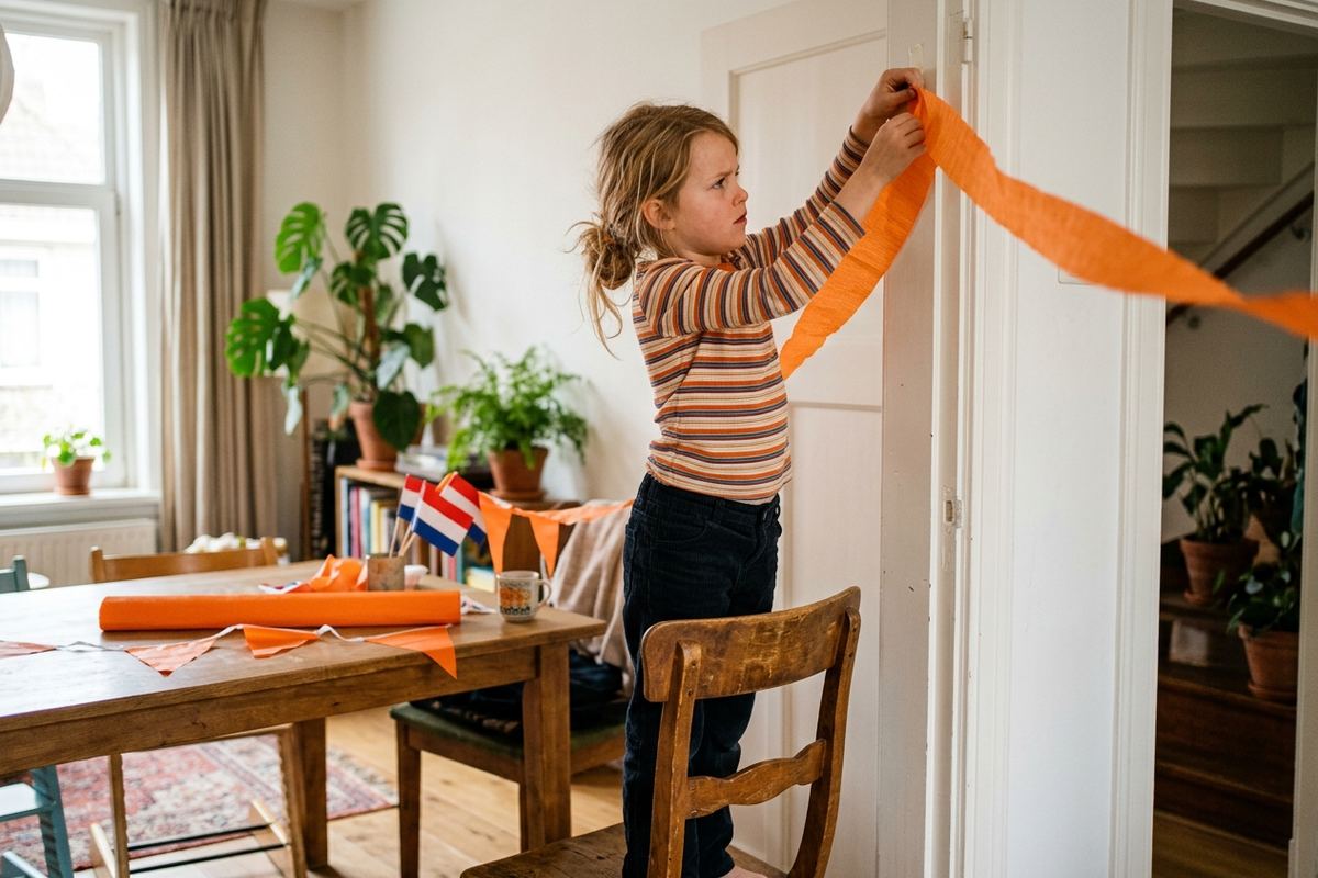 Een kind hangt geconcentreerd een oranje slinger op aan een deurpost in een Nederlandse woonkamer met huisplanten en een tafel vol versieringen