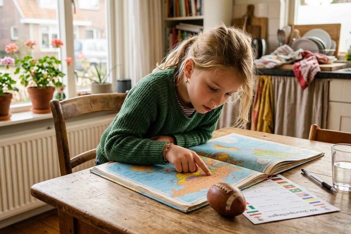 Een Nederlands kind buigt over een wereldkaart aan de keukentafel en wijst een land aan, naast een werkblad met vlaggen en een voetbal