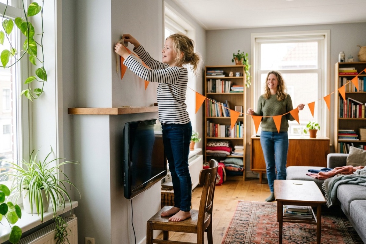 Een kind staat op een stoel om een oranje slinger op te hangen boven de tv in de woonkamer