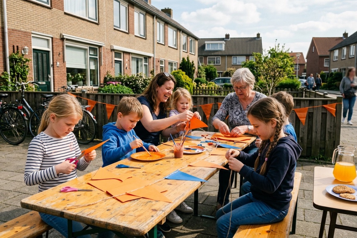 Buurtbewoners en kinderen maken samen oranje vlaggetjes aan een lange houten tafel in de voortuin