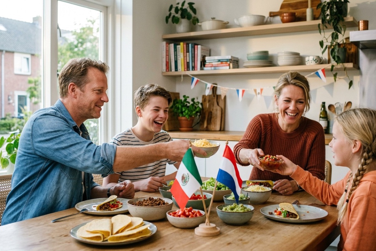 Een Nederlands gezin eet samen Mexicaanse tacos aan de keukentafel tijdens een WK-themaweek
