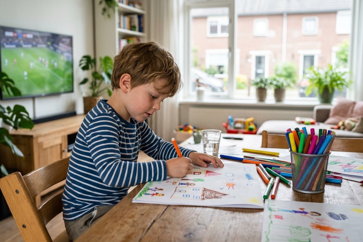 Een 6-jarig kind tekent aan de eettafel terwijl op de achtergrond de tv een voetbalwedstrijd toont