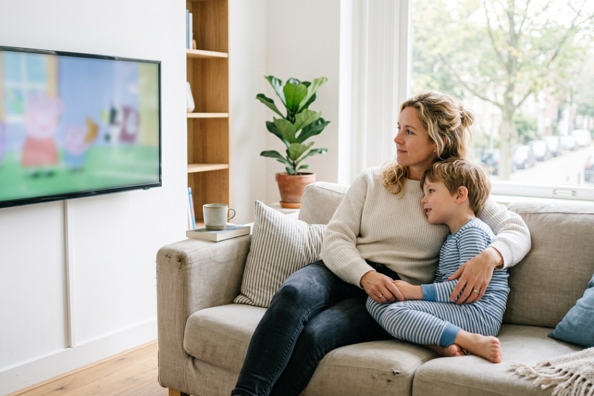 Ouder en kind zitten samen op de bank in een lichte woonkamer, het kind kijkt rustig naar een aflevering.