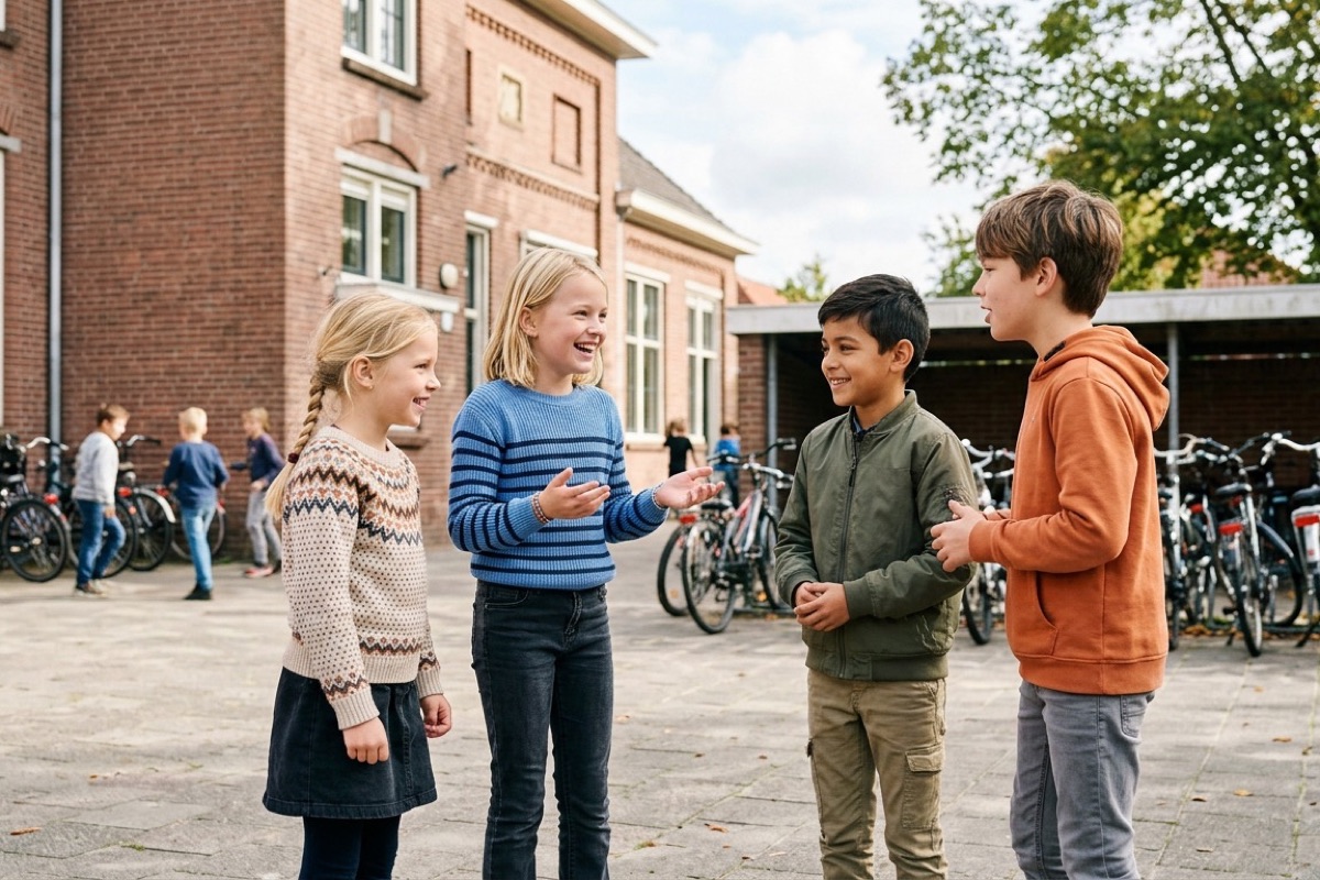 Kinderen op een schoolplein praten met elkaar, casual sfeer, daglicht en geen schermen in beeld.
