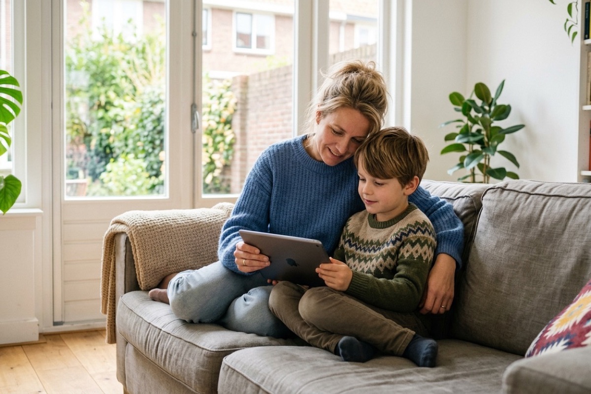 Ouder en kind kijken samen rustig op een tablet in de woonkamer met daglicht door het raam.
