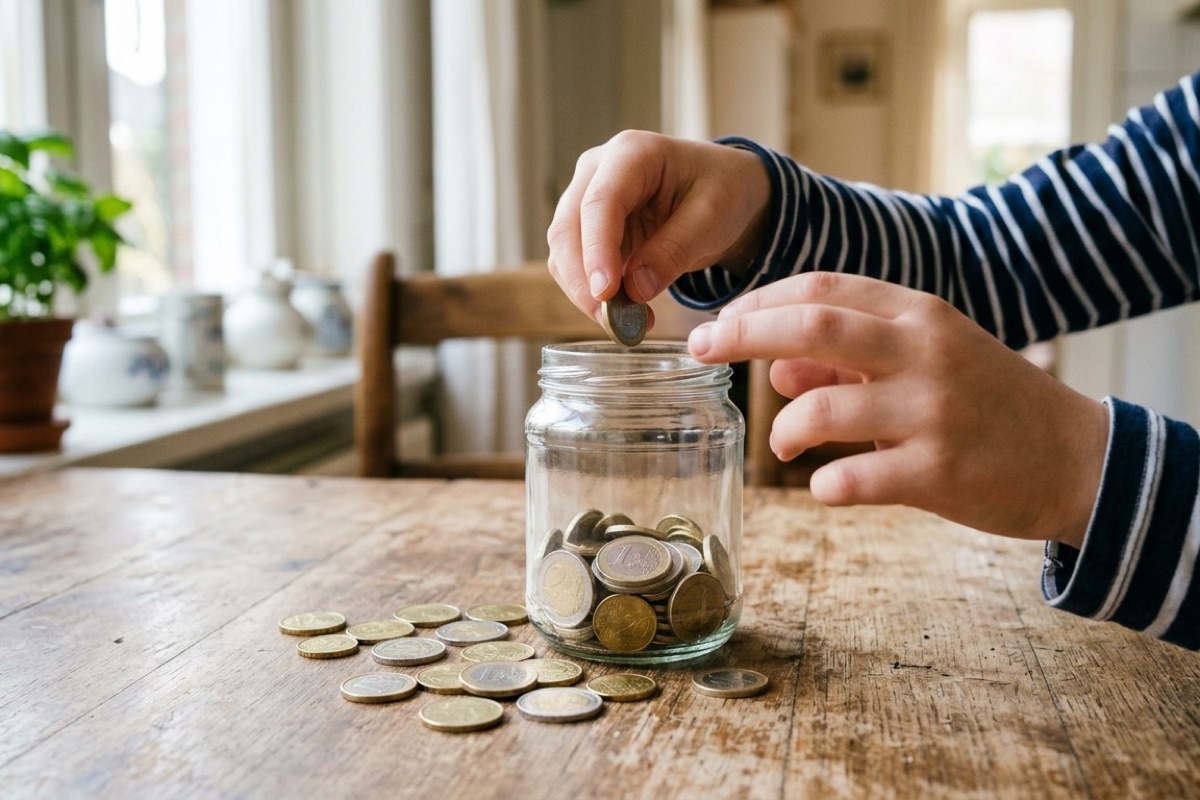 Kinderhanden doen euromunten in een glazen spaarpot op een houten keukentafel bij daglicht