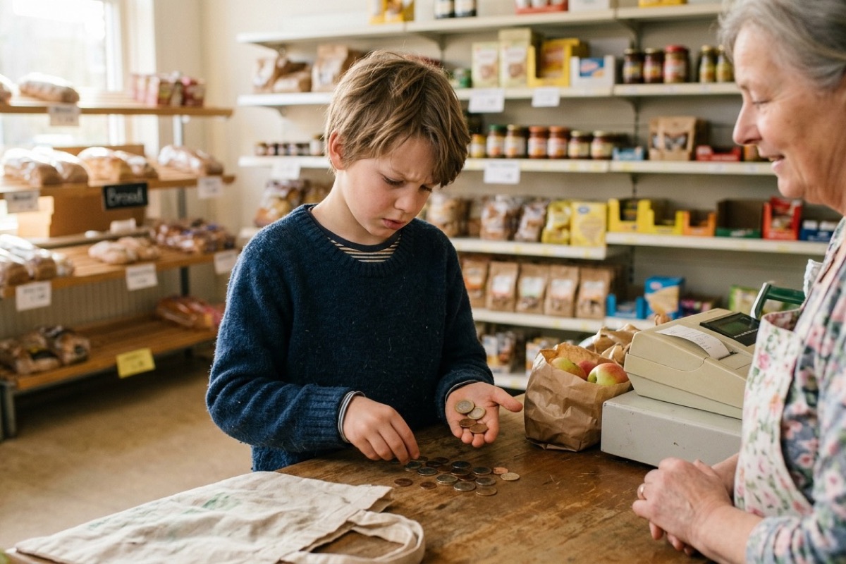 Een kind van rond de tien betaalt met losse munten aan de toonbank van een kleine winkel bij daglicht
