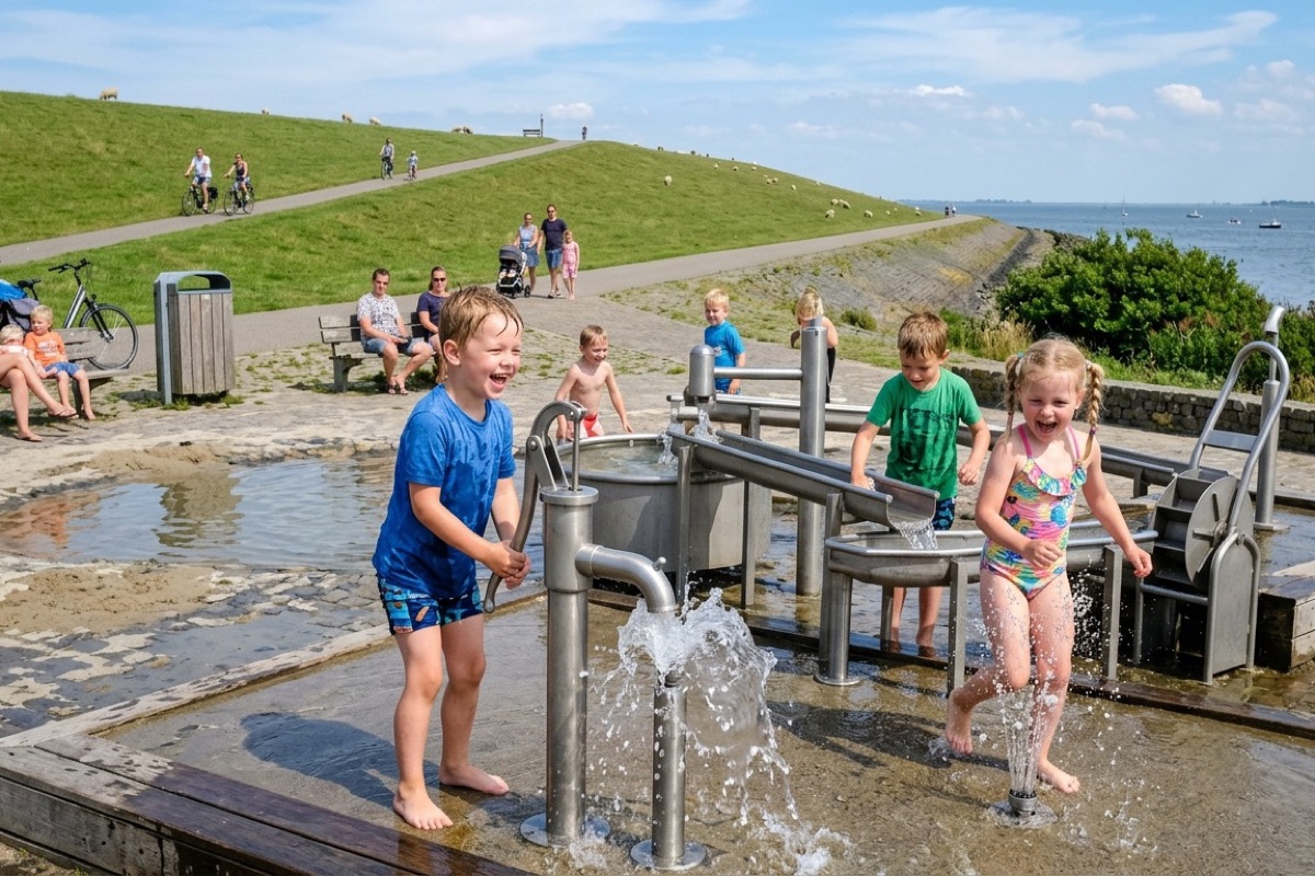 Twee Nederlandse kinderen graven met emmertjes en schepjes in het zand op een breed Zeeuws strand