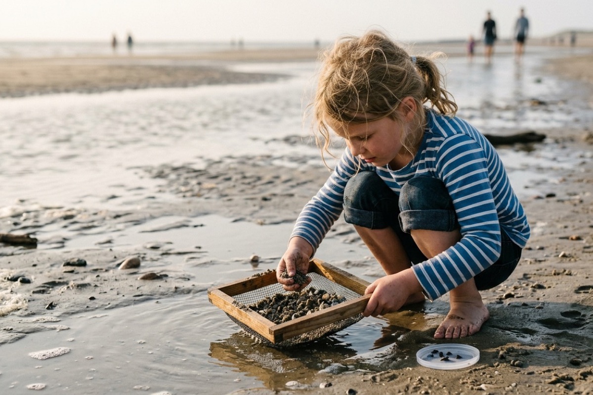 Een Nederlandse familie wandelt langs de stormvloedkering van de Oosterschelde met de zee op de achtergrond