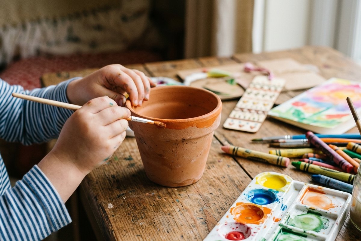 Kind knutselt zelfgemaakt cadeau voor de juf met verf en papier aan de keukentafel