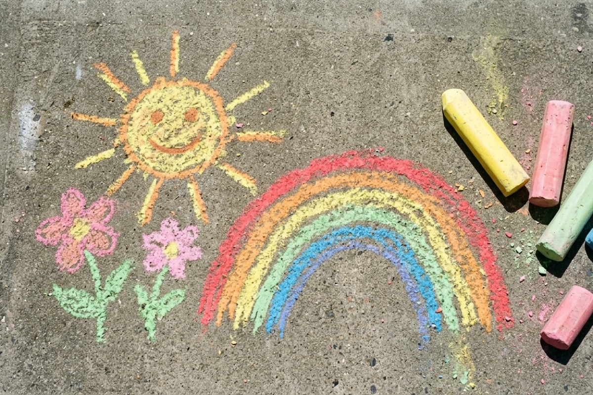 Stoepkrijt-tekening van zon en regenboog op pavement