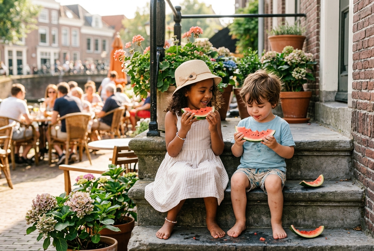 Twee Nederlandse kinderen in zomerkleding zitten op stenen treden in een zonnige grachtenstad en eten watermeloen.
