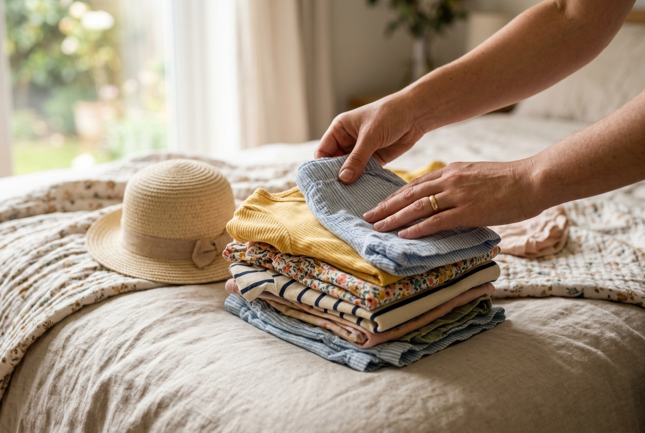 Een ouder vouwt zomerkleding op een bed: t-shirts, shorts en een zonhoedje liggen netjes opgestapeld.