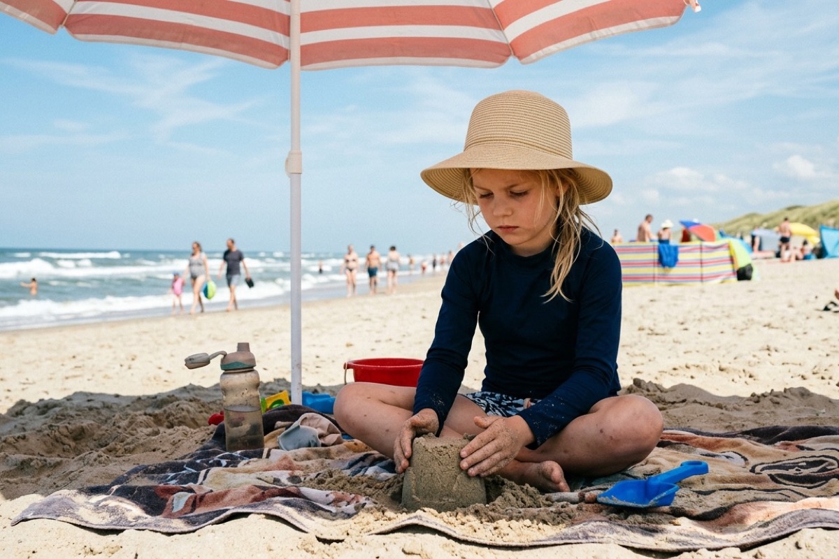 Een kind in UV-werende zwemshirt en zonnehoed zit beschut onder een strandparasol op het zand
