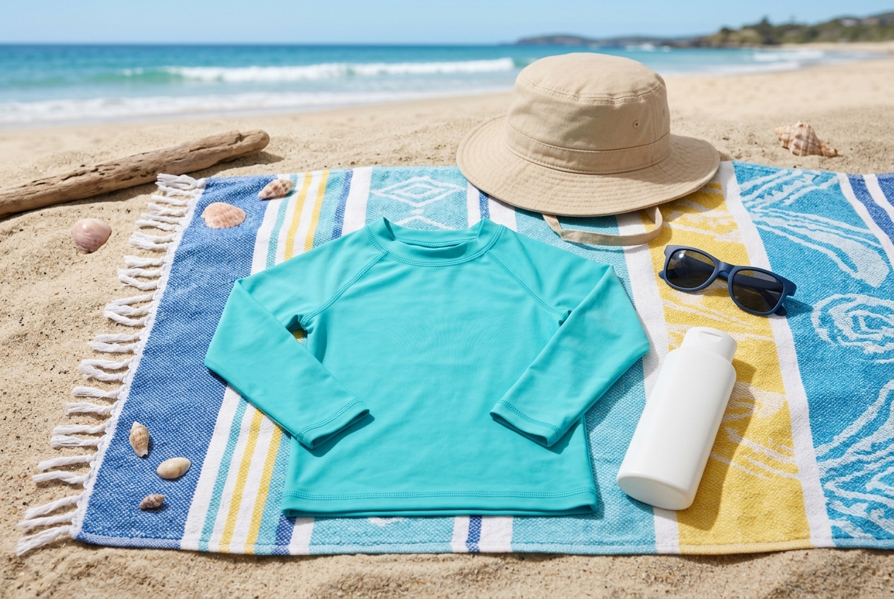 Flat-lay van een UV-set op een strandhanddoek: turkooize UV-trui, beige zonhoedje en kindersunglasses.