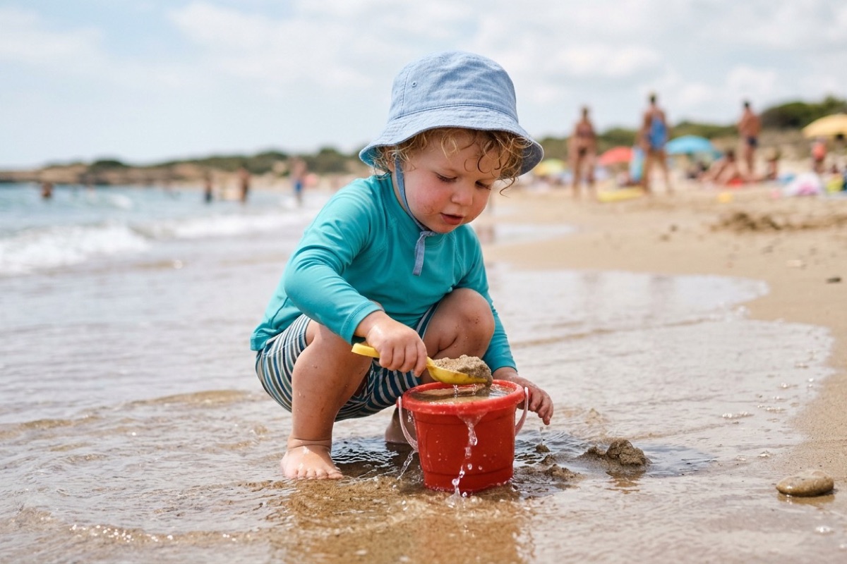 Peuter met UV-zwemshirt en zonnehoedje speelt met emmertje in ondiep water aan het strand.