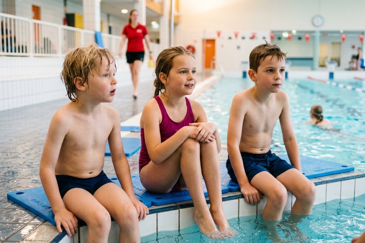 Drie Nederlandse kinderen zitten op de rand van een binnenzwembad met de benen in het water